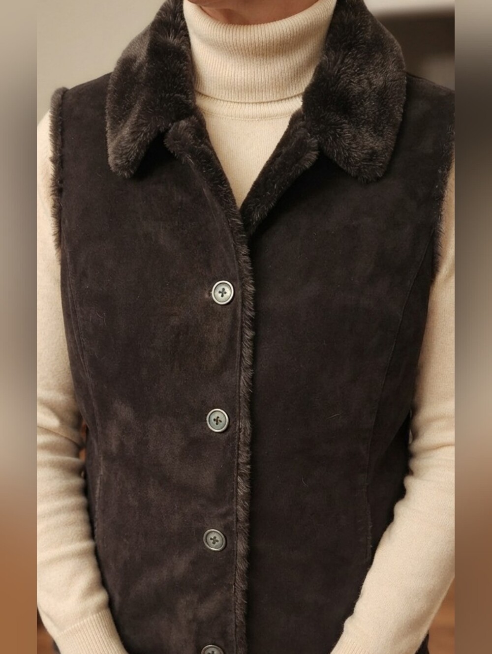 ​Eddie Bauer Genuine Leather Suede Faux Fur Lined Vest